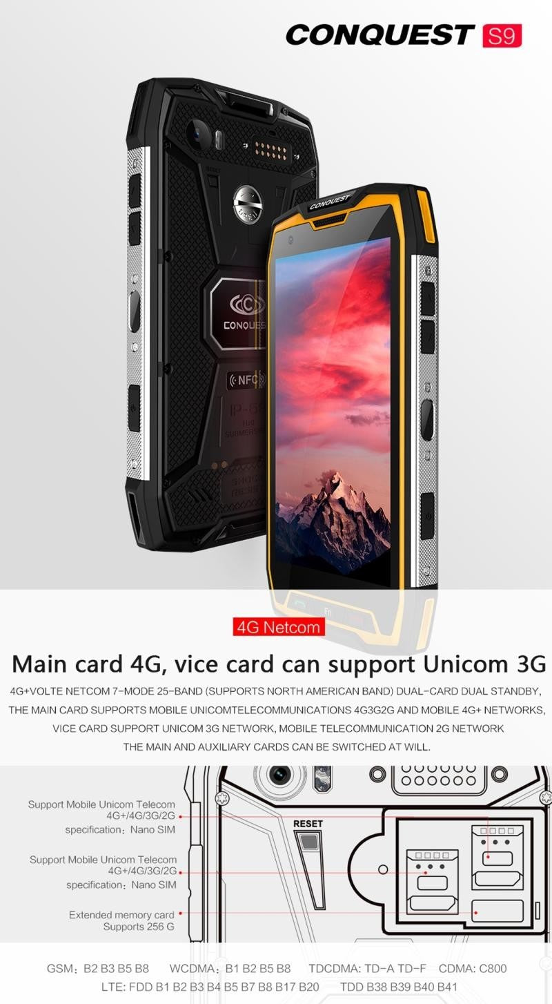 Téléphone étanche CONQUEST S9 6 RAM + 128Go/Black ROM